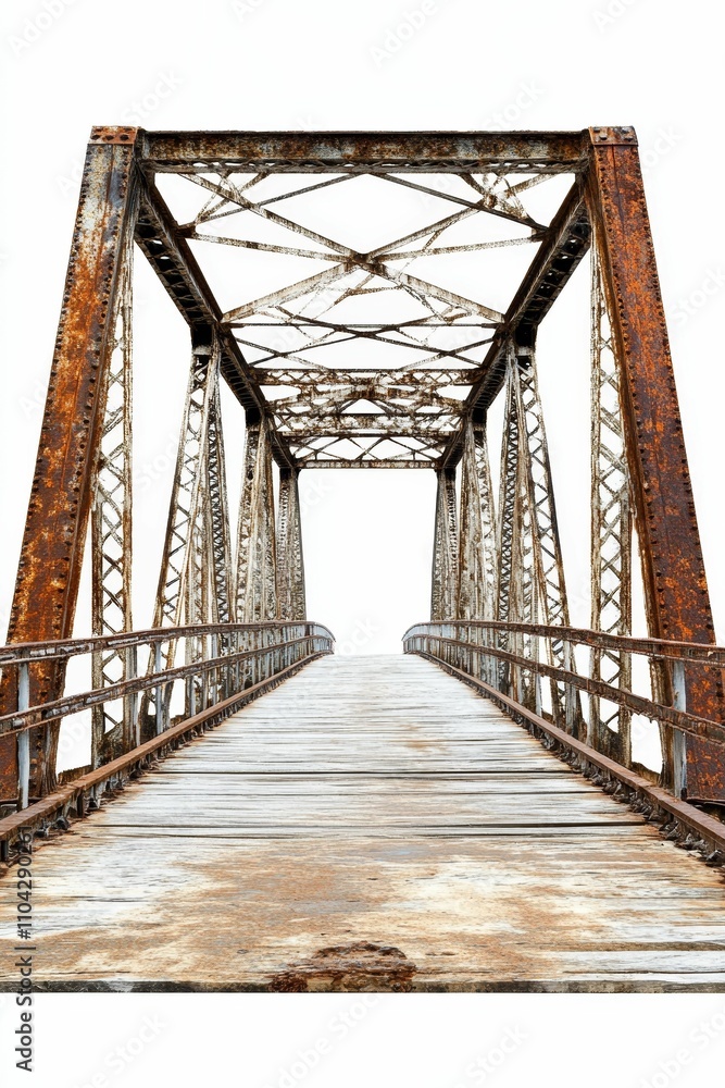 Rusty metal bridge, wooden planks, isolated background. Rusty metal bridge, wooden planks, isolated background.