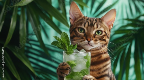 Playful cat holding mint drink in lush green botanical setting captivating lifestyle photography photo