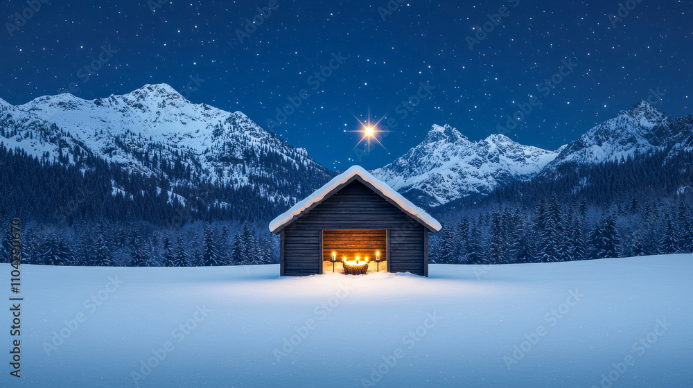 Fototapeta premium Snowy cabin under starry night sky in peaceful mountain wilderness