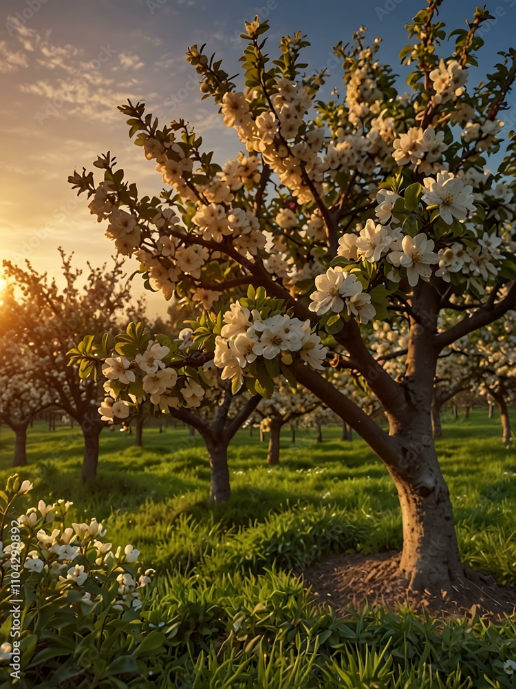 Blooming apple tree garden at sunset. Blooming apple tree garden at sunset.