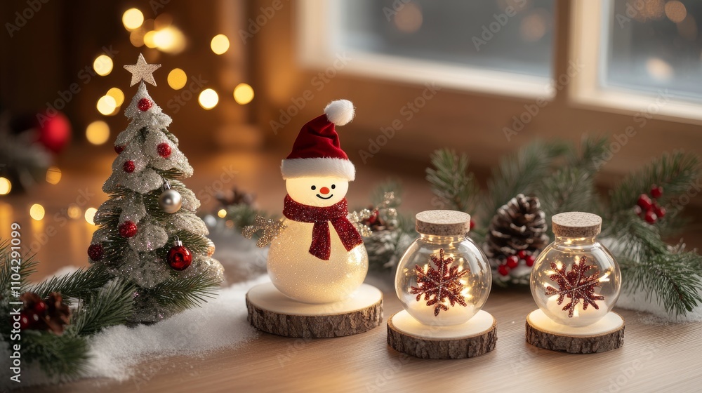 Three cheerful snowmen adorn a festive table, surrounded by twinkling lights, shimmering ornaments, and vibrant Christmas decorations, radiating holiday joy. Three cheerful snowmen adorn a festive table, surrounded by twinkling lights, shimmering ornaments, and vibrant Christmas decorations, radiating holiday joy.