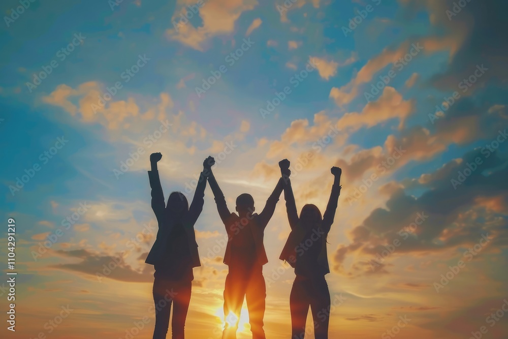 Business people celebrate success with gold medal at sunset.