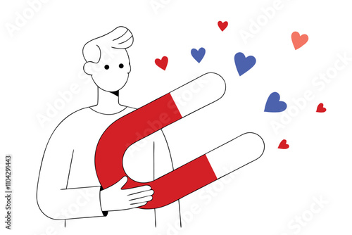 Cartoon vector illustration of man holding big magnet and attracting love hearts