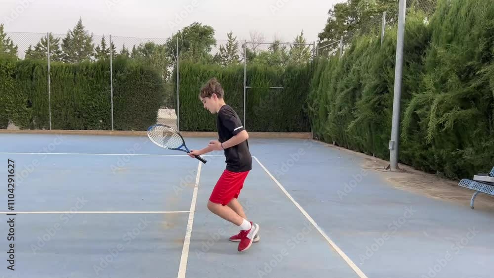 Young boy practicing tennis on an outdoor court during training session Young boy practicing tennis on an outdoor court during training session