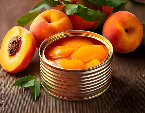 Open can of peaches in syrup with fresh ripe peaches on wooden table photo