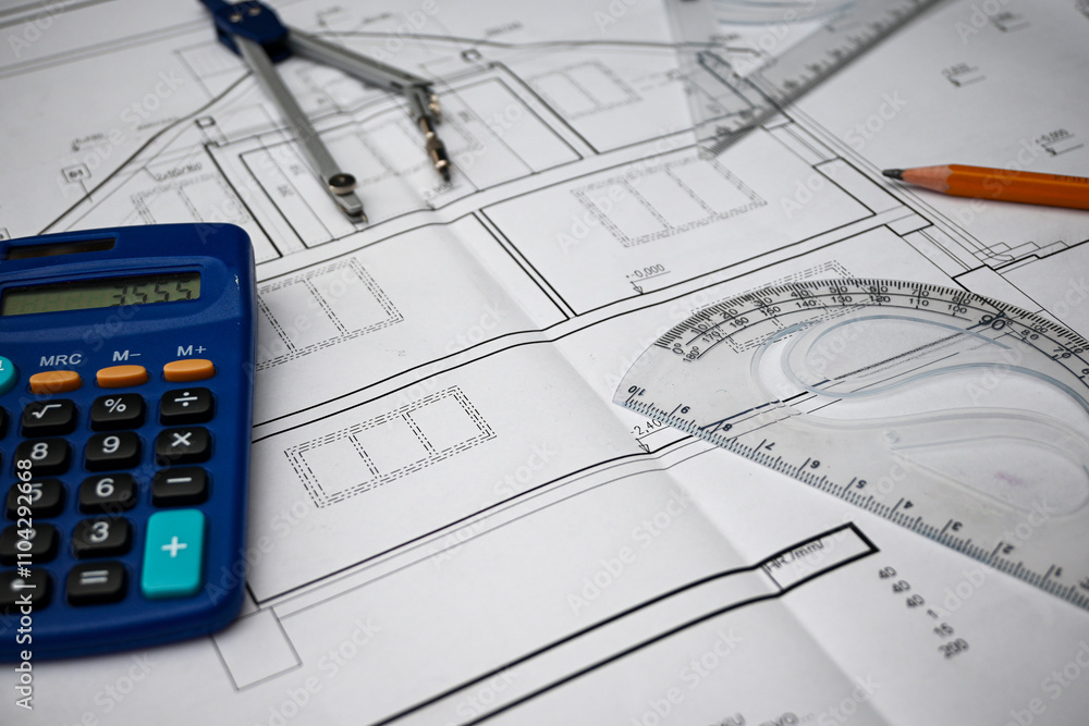 Workplace of architect designing blueprint of building using calculator, compass, protractor, ruler and pencil Workplace of architect designing blueprint of building using calculator, compass, protractor, ruler and pencil