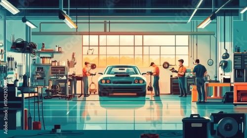 Illustration of mechanics in a car repair shop performing vehicle maintenance.