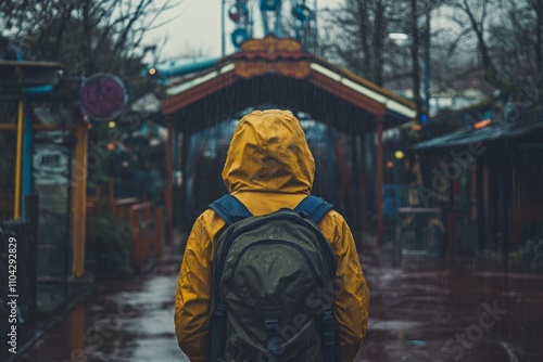 A person stands in a yellow raincoat on a rainy day. The scene is moody and reflective with colorful structures in the background. It captures a sense of adventure. Generative AI
