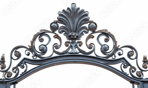 Ornate wrought-iron gate top, arched, detailed.