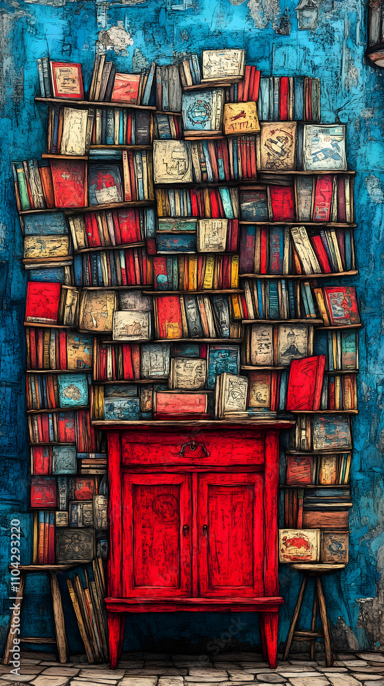 Overfilled red bookcase against a blue wall. Overfilled red bookcase against a blue wall.
