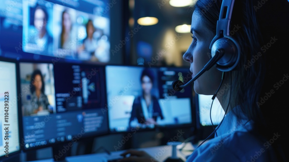 A woman using a headset while managing video calls on multiple screens. A woman using a headset while managing video calls on multiple screens.