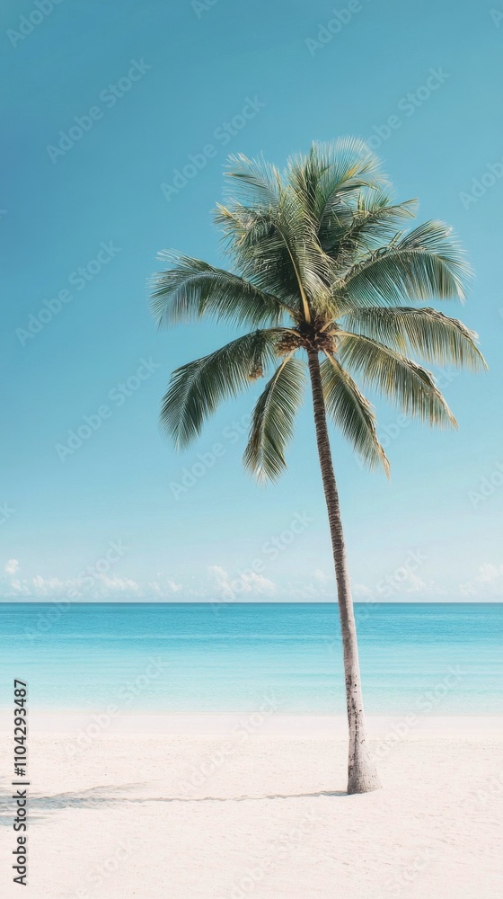 Palm tree stands tall on pristine beach with crystal clear ocean under blue sky Palm tree stands tall on pristine beach with crystal clear ocean under blue sky