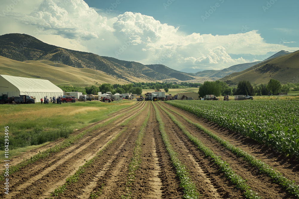 Farmers connect in a peaceful valley while embracing nature's bounty Farmers connect in a peaceful valley while embracing nature's bounty