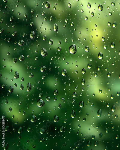 Rain drops on glass, green blurred background.