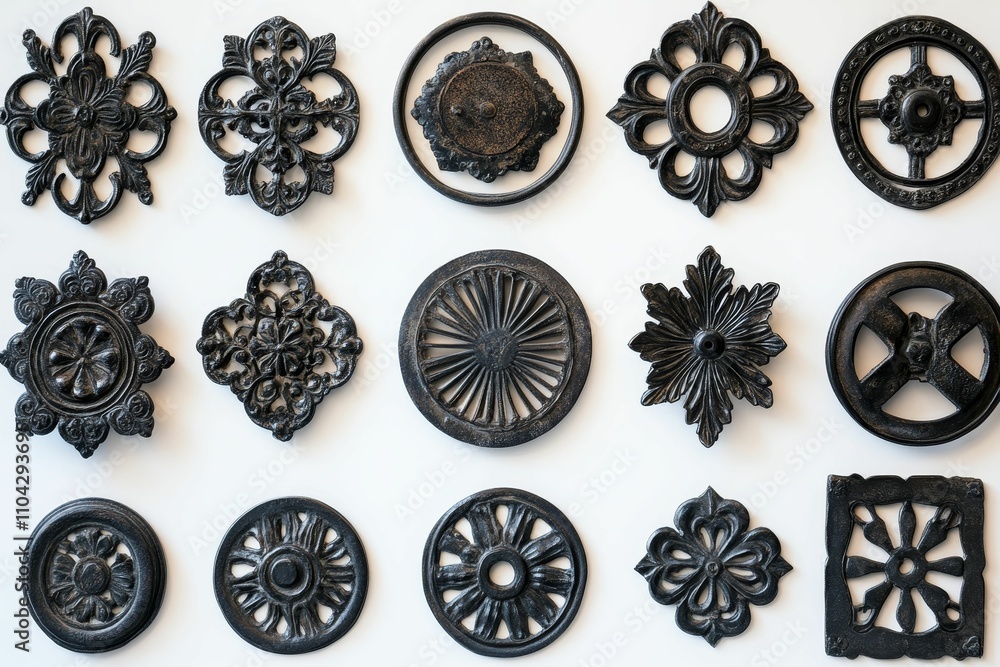 Fototapeta premium Ornate black metal decorative elements arranged on white.