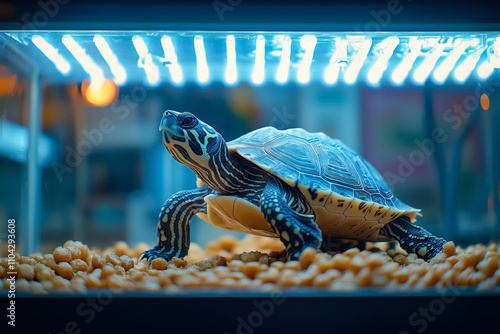 Turtle enjoying warmth under a heat lamp in a cozy habitat setting photo