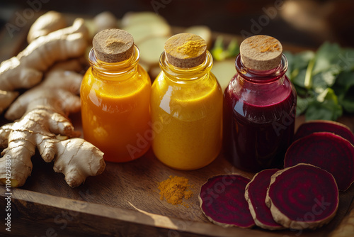 Vibrant wellness shot trio showcasing healthful ingredients and colors photo