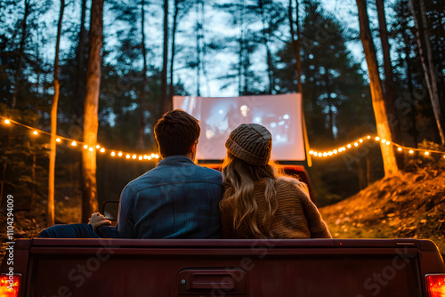 A couple watching a movie in their car in the forest for Valentine's Day. Valentine's Day concept.