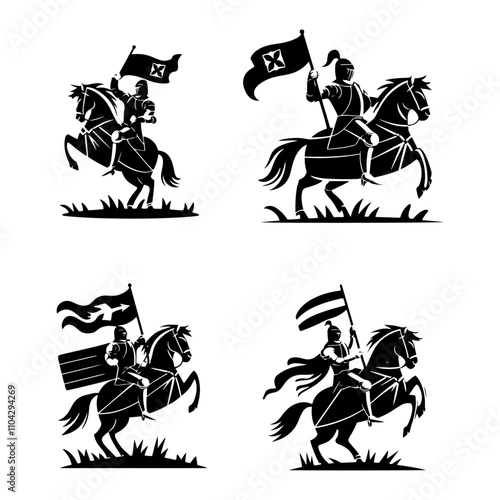 Set of Silhouette knight medieval cavalier with horse holding flag, Silhouette of a knight on a horse, knight riding horse, Silhouette of a knight on a horse, in black color only, full-body