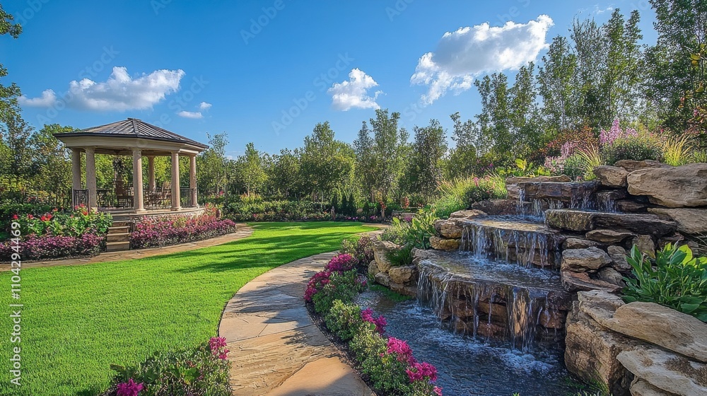 Tranquil Garden Scene Featuring Gazebo and Waterfall in Nature Tranquil Garden Scene Featuring Gazebo and Waterfall in Nature