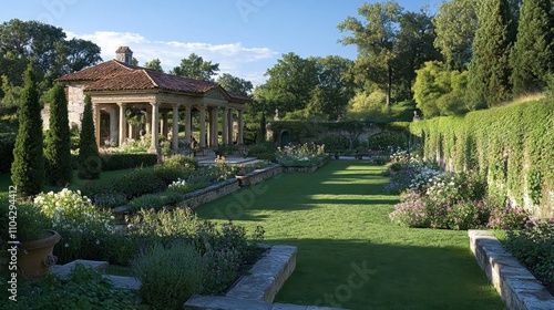 Serene Garden Landscape with Lush Greenery and Classical Pavilion photo