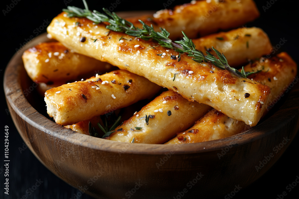 Crispy bread sticks with aromatic herbs served in a rustic wooden bowl Crispy bread sticks with aromatic herbs served in a rustic wooden bowl