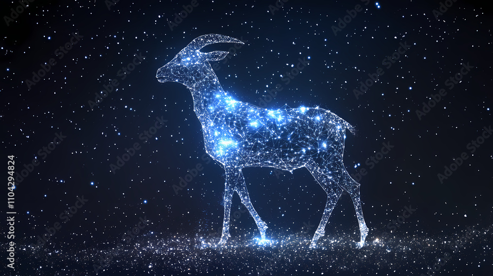 A mesmerizing digital silhouette of a goat emerges in a starlit cosmos, composed of interconnected glowing points, representing hope and transcendent beauty. Transcendent. Illustration A mesmerizing digital silhouette of a goat emerges in a starlit cosmos, composed of interconnected glowing points, representing hope and transcendent beauty. Transcendent. Illustration