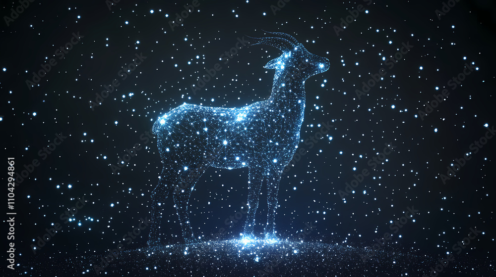 A mesmerizing digital silhouette of a goat emerges in a starlit cosmos, composed of interconnected glowing points, representing hope and transcendent beauty. Transcendent. Illustration A mesmerizing digital silhouette of a goat emerges in a starlit cosmos, composed of interconnected glowing points, representing hope and transcendent beauty. Transcendent. Illustration
