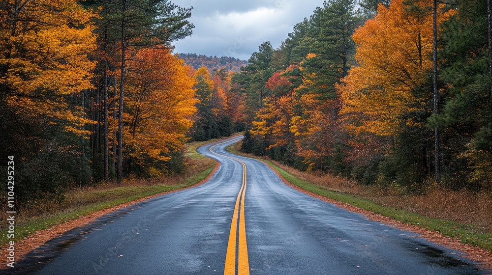 Obraz premium Winding road through autumn forest.