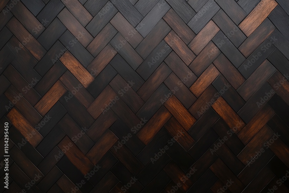 Dark wooden planks in herringbone pattern, rich brown tones with deep wood grain texture, modern rustic design, decorative wooden surface for flooring and interiors
Dark wooden planks in herringbone pattern, rich brown tones with deep wood grain texture, modern rustic design, decorative wooden surface for flooring and interiors
