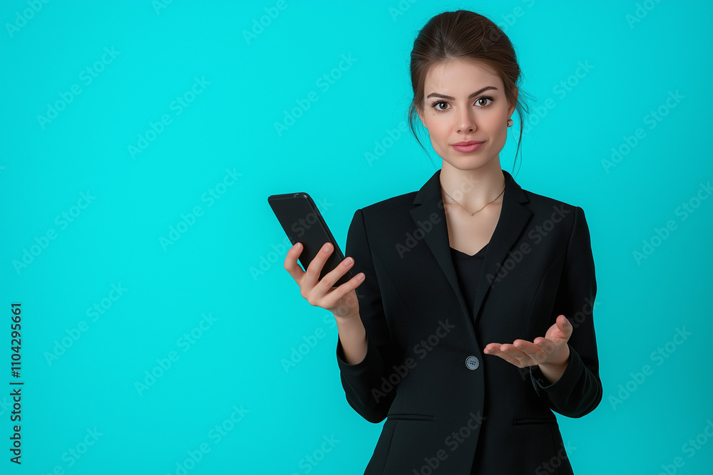 A businesswoman, around 35 years old, standing with a smartphone in one hand while gesturing with the other as if explaining something, professional and confident, light teal background. A businesswoman, around 35 years old, standing with a smartphone in one hand while gesturing with the other as if explaining something, professional and confident, light teal background.