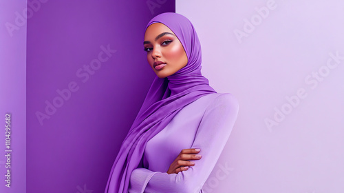 Young african female in elegant lavender hijab against purple background