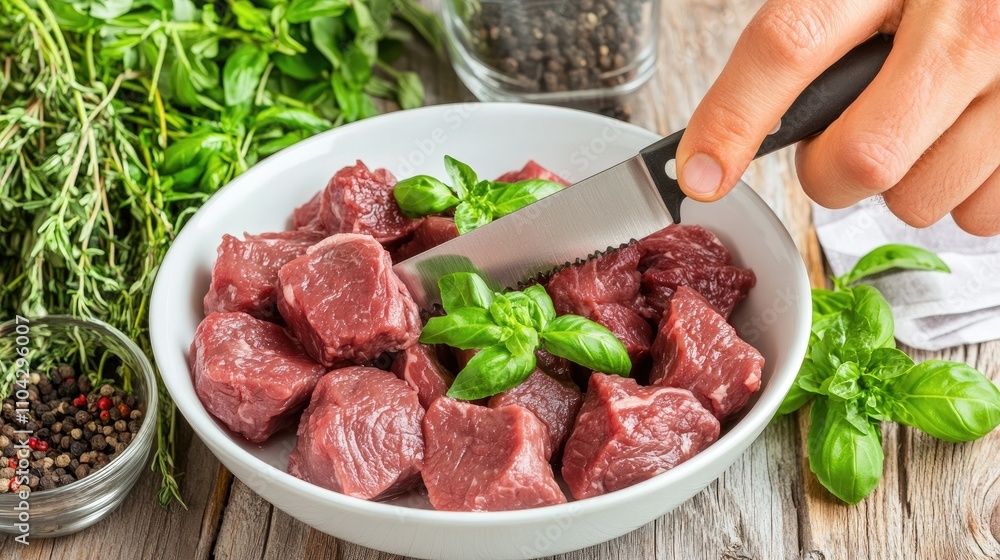 Fresh Raw Beef Cubes Prepared with Herbs and Green Basil Leaves Fresh Raw Beef Cubes Prepared with Herbs and Green Basil Leaves