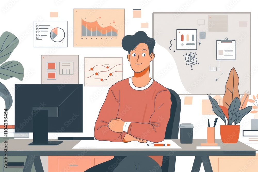 A person sitting at a desk in an office setting, surrounded by charts and plants. A person sitting at a desk in an office setting, surrounded by charts and plants.