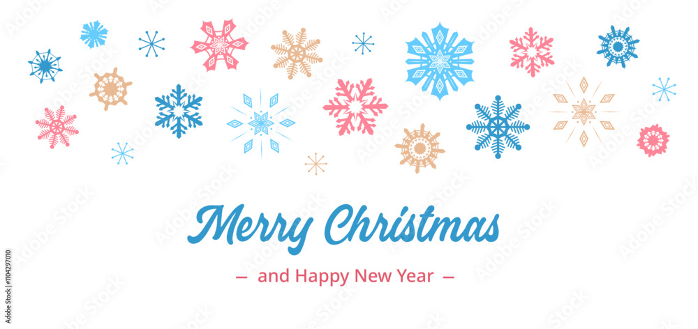 Merry Christmas banner simple design with colorful snowflakes. Christmas and happy new year greeting holiday border frame. Cute snowflake crystals design for brands with red, white and blue colors. Merry Christmas banner simple design with colorful snowflakes. Christmas and happy new year greeting holiday border frame. Cute snowflake crystals design for brands with red, white and blue colors.