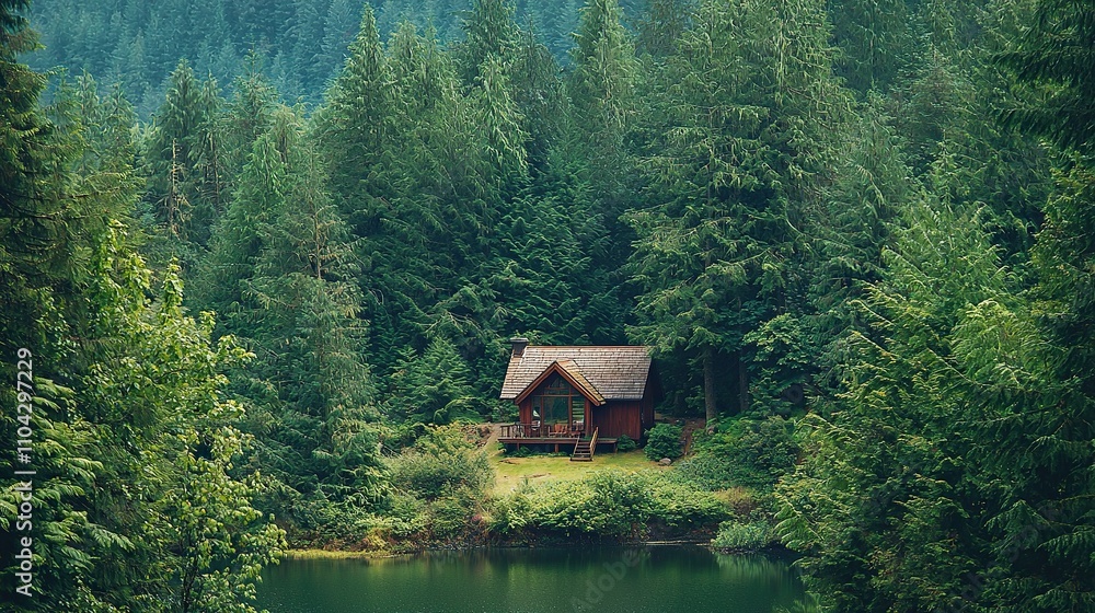 Cozy cabin by a serene lake surrounded by lush green forest Cozy cabin by a serene lake surrounded by lush green forest