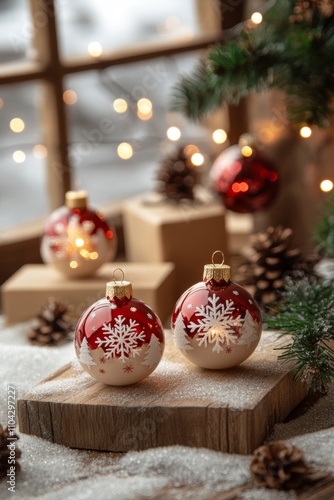 Two sparkling Christmas ornaments sit gracefully on a festive table, while a cozy window reveals a snowy wonderland outside, capturing the holiday spirit.