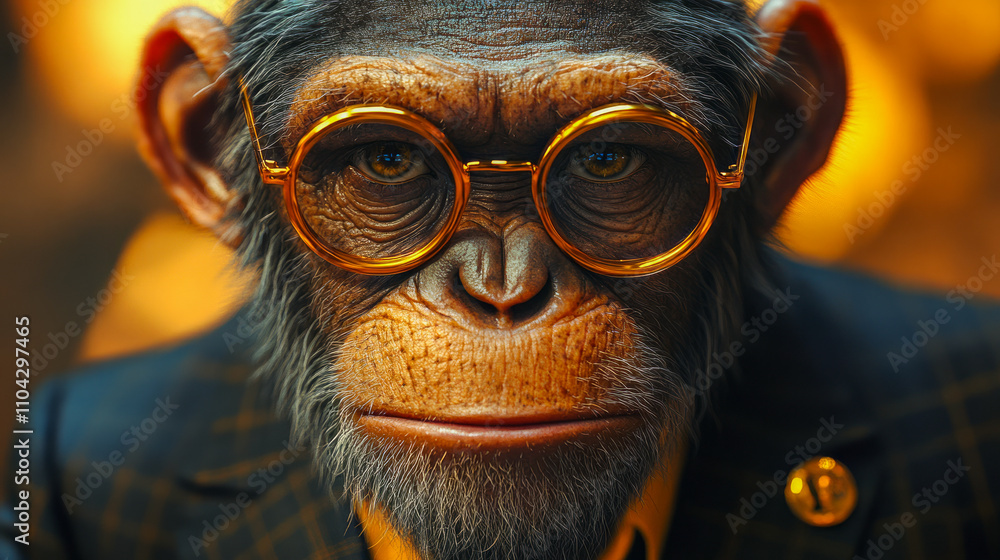 Chimpanzee wearing glasses and suit with curious expression Chimpanzee wearing glasses and suit with curious expression