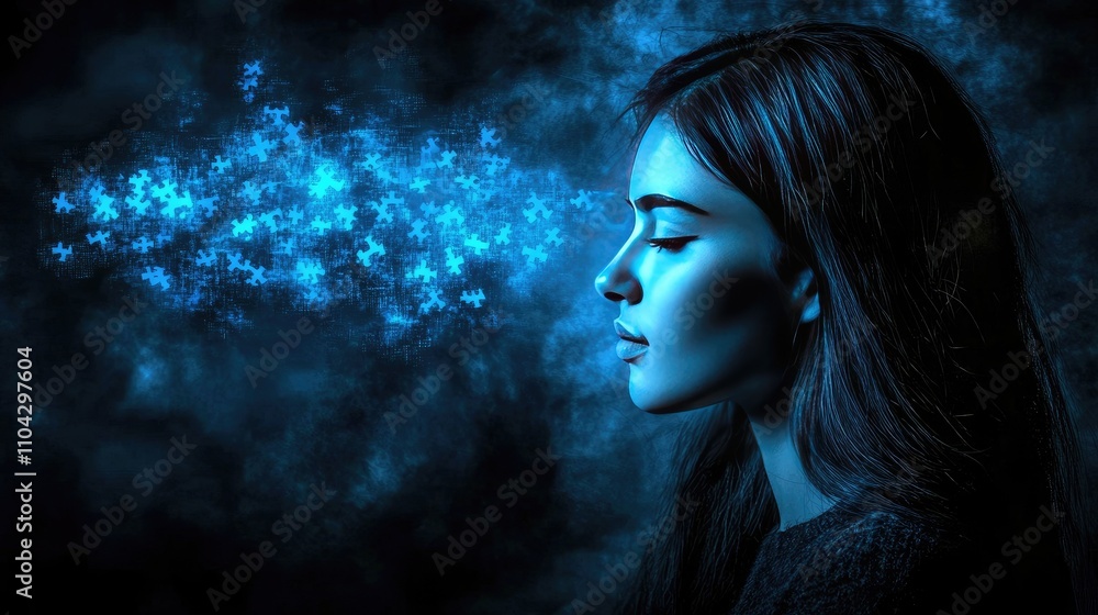 Dreamy Portrait of a Woman with Blue Puzzle Patterns and Glow Dreamy Portrait of a Woman with Blue Puzzle Patterns and Glow
