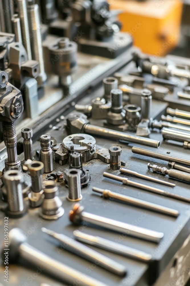Organized metal tools, precision parts, workshop. Organized metal tools, precision parts, workshop.