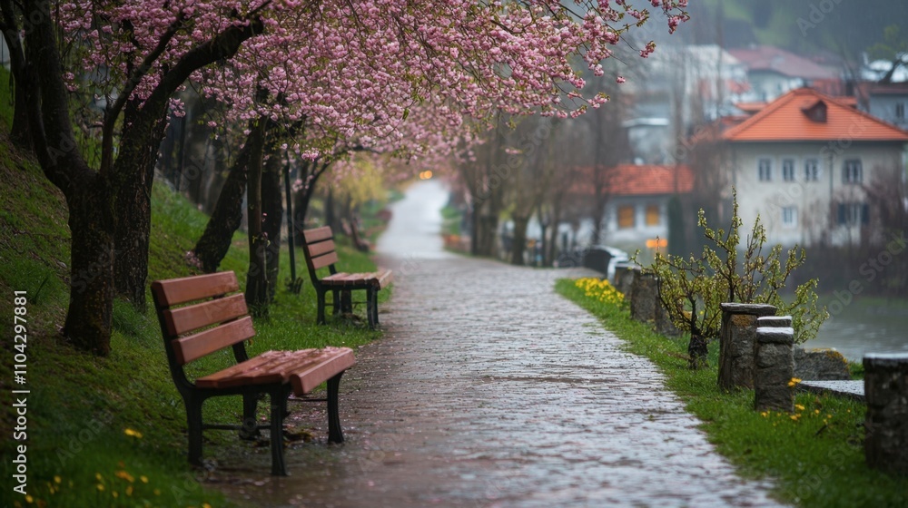 Serene Rainy Pathway Under Cherry Blossom Trees by the Water Serene Rainy Pathway Under Cherry Blossom Trees by the Water