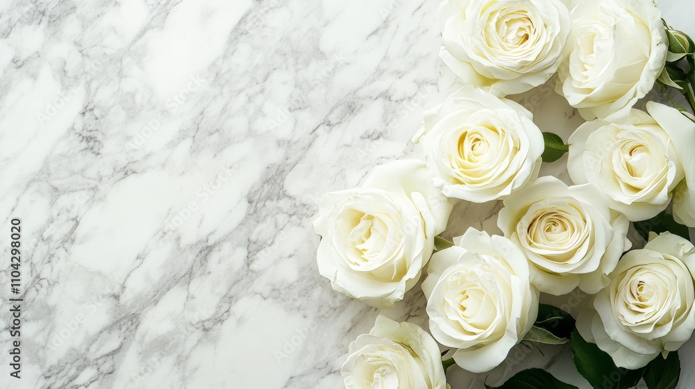 An artistic arrangement of white roses on a polished marble surface, top-down shot, Classic style An artistic arrangement of white roses on a polished marble surface, top-down shot, Classic style