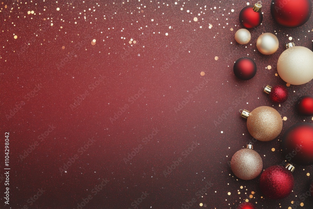 Decorative Christmas ornaments arranged on a rich red background for holiday celebrations Decorative Christmas ornaments arranged on a rich red background for holiday celebrations