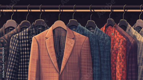 Generative AI illustration of selection of luxurious men checkered suits on hangers in a high end fashion stores tailoring section