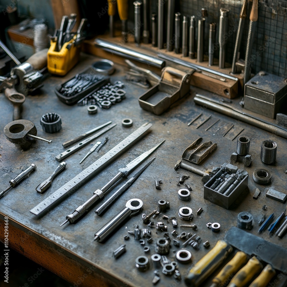 Fototapeta premium Metalworking tools, parts, and supplies scattered on workbench.