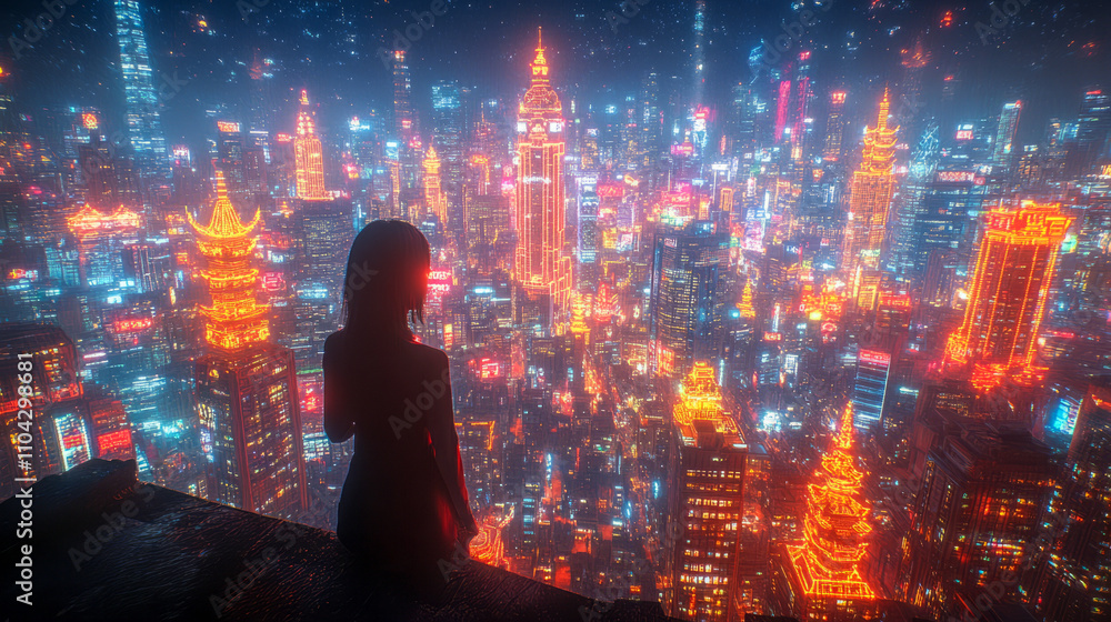 Futuristic neon cityscape with silhouette overlooking vibrant skyline Futuristic neon cityscape with silhouette overlooking vibrant skyline