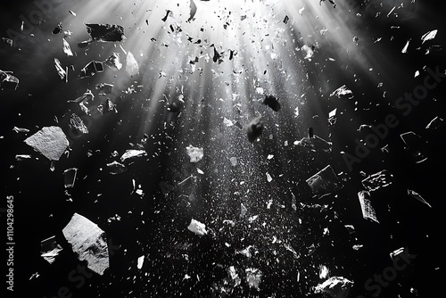 Black and white image of space debris field illuminated by light photo