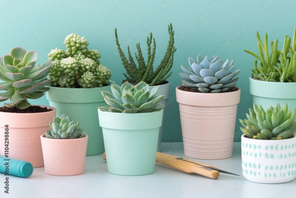 Succulent plants arranged in colorful pots on wooden surface in natural light Succulent plants arranged in colorful pots on wooden surface in natural light