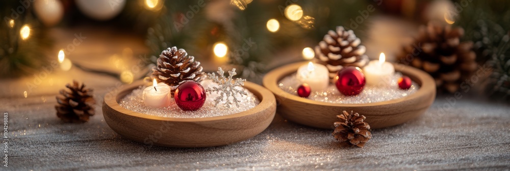 Flickering candles illuminate bowls adorned with pine cones and colorful ornaments, capturing the warmth and spirit of Christmas in a cozy setting. Flickering candles illuminate bowls adorned with pine cones and colorful ornaments, capturing the warmth and spirit of Christmas in a cozy setting.