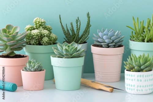 Succulent plants arranged in colorful pots on wooden surface in natural light